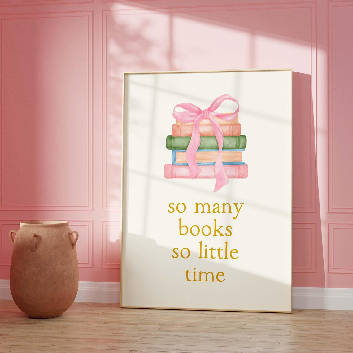 So Many Books So Little Time Watercolor Books Pink Bow Poster - Image 3