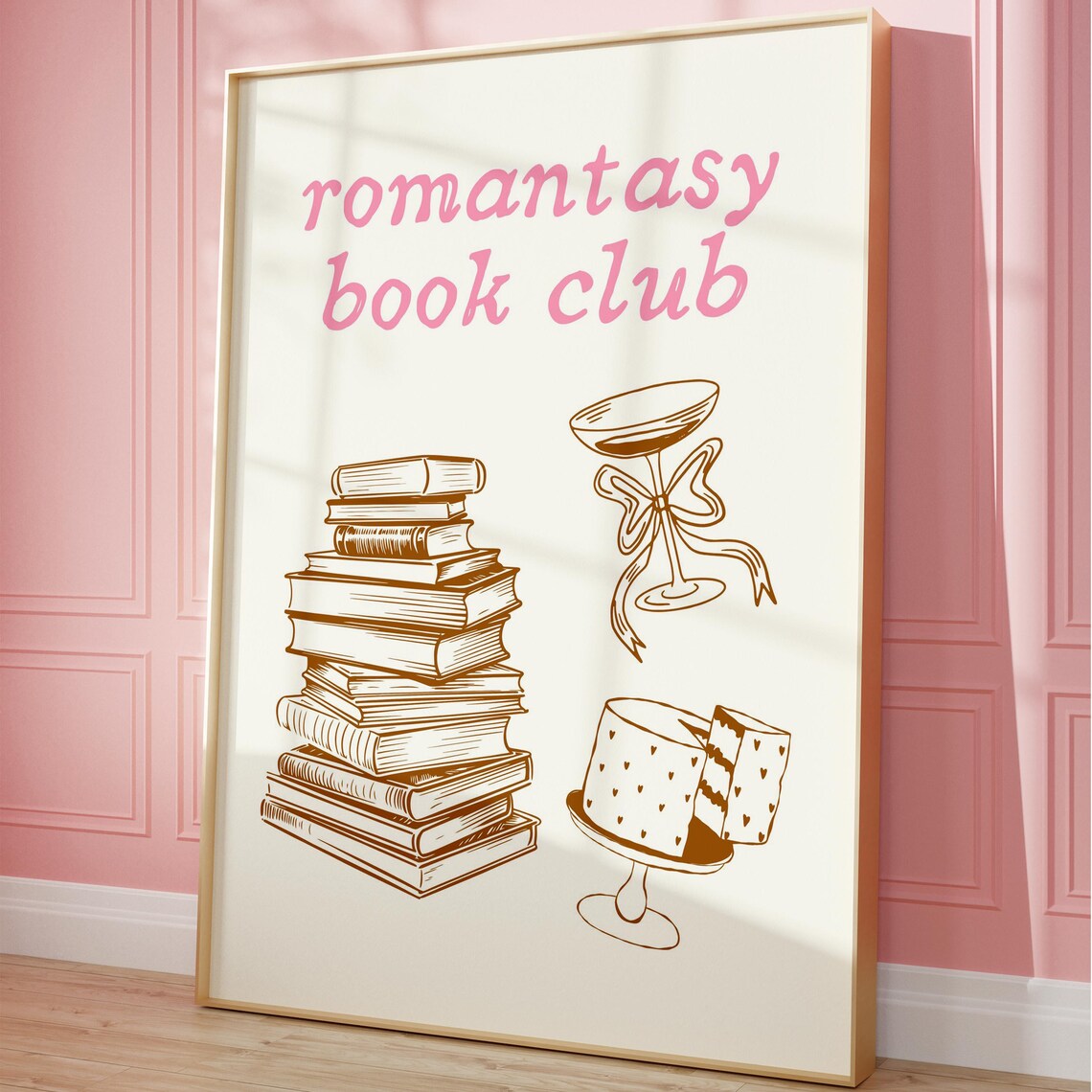 Romantasy Book Club Pink Script Book Stack Heart Cake Art Poster