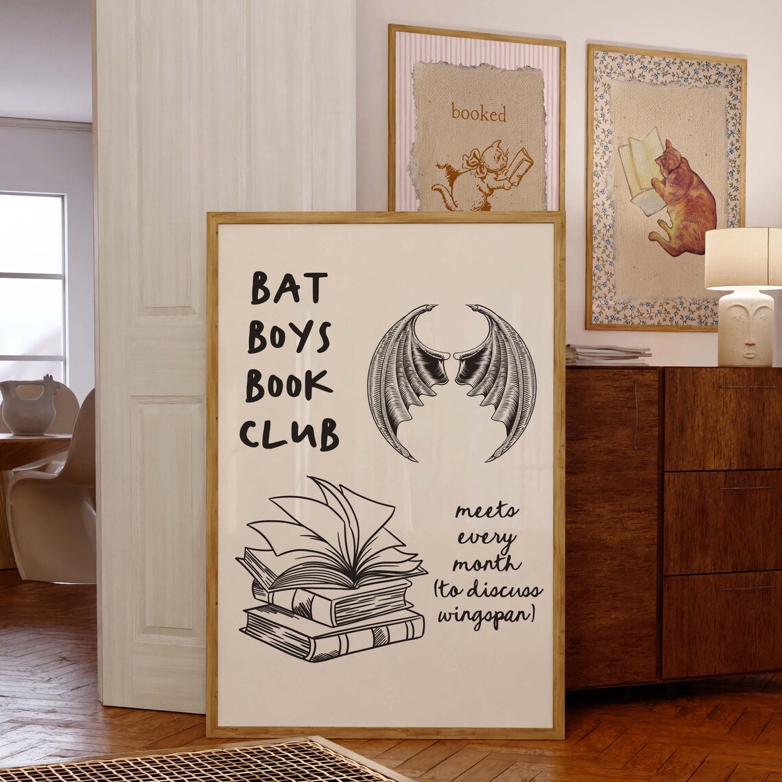 Bat Boys Book Club Monochrome Bat Wings Fantasy Reader Wall Art - Image 4