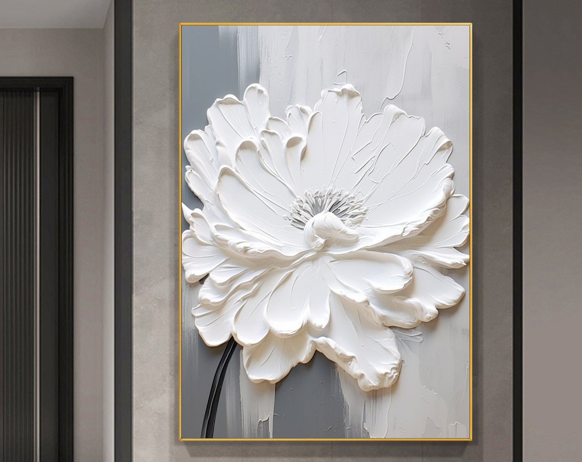 White Peony Bloom Gray Background Textured Floral Elegant Poster