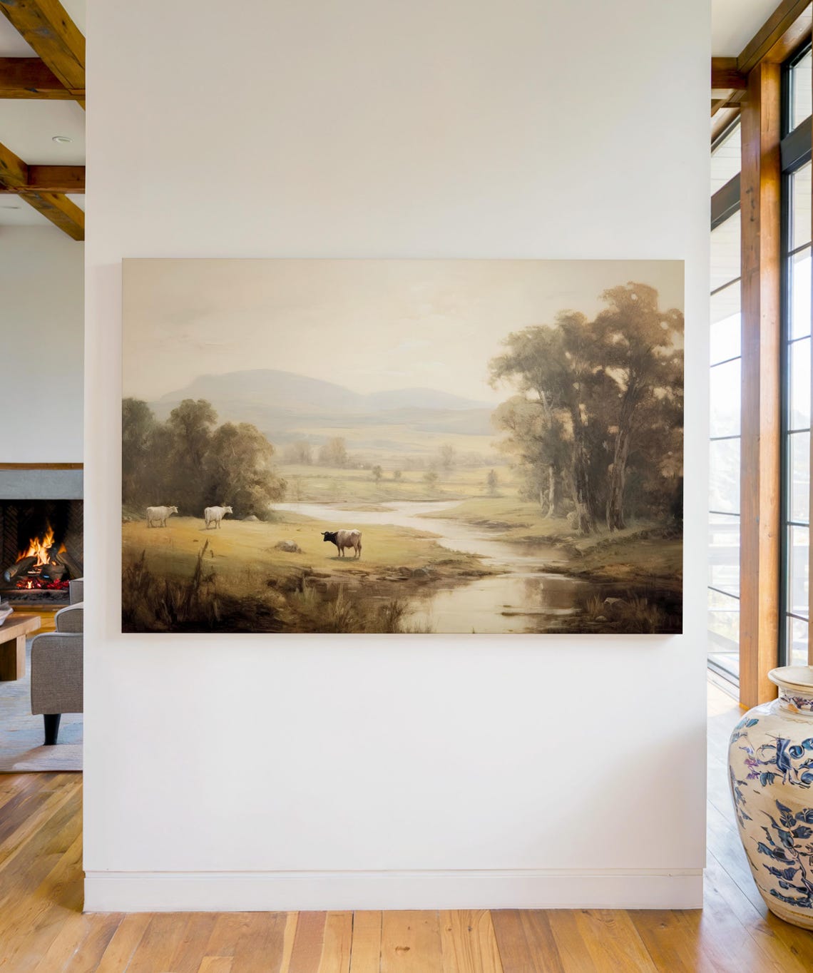 Vintage Pastoral Cows in Field Stream Rustic Farmhouse Scene Poster