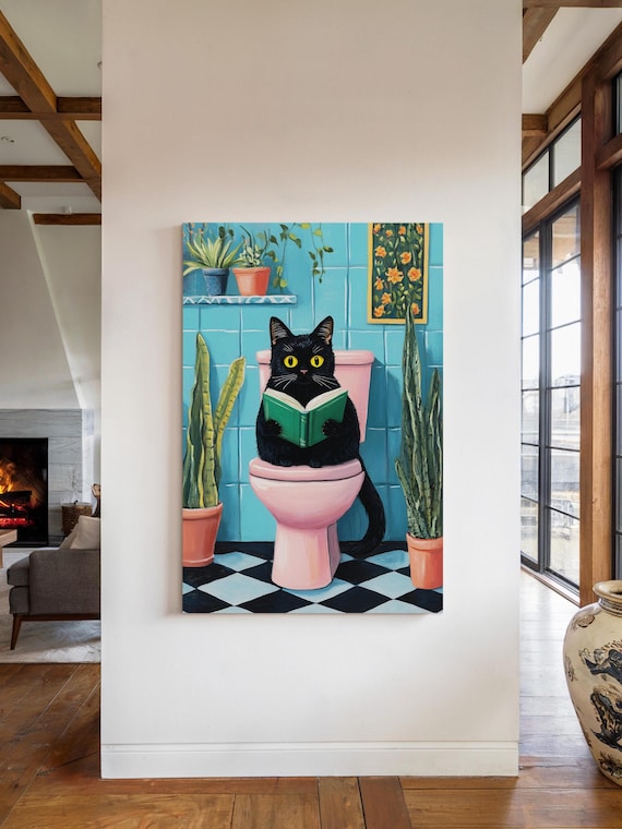 Black Cat Reading On Pink Toilet Funny Bathroom Humor Cat Lover Poster