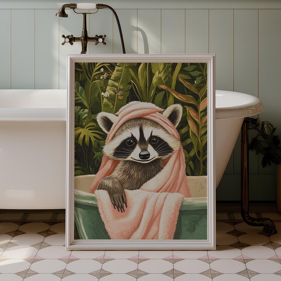 Raccoon Bathroom Wall Decor Funny Raccoon Bathtub Towel Wall Art Tropical Plants Animal Botanical Toilet Restroom