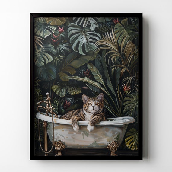 Cat Bathroom Wall Decor Funny Cat In Bathtub Wall Art Tropical Plants Dark Green Jungle Bathroom Toilet Restroom