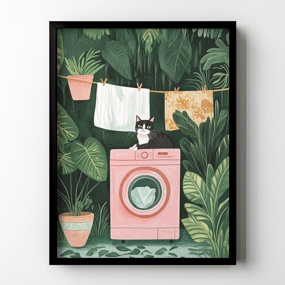 Funny Black Cat Laundry Room Poster, Vintage Botanical