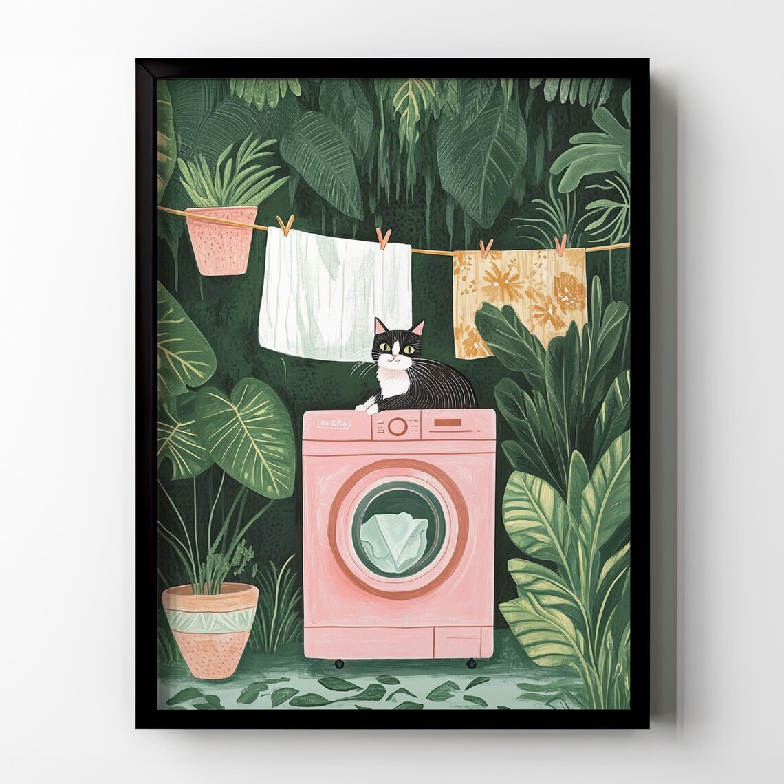 Funny Black Cat Laundry Room Poster, Vintage Botanical