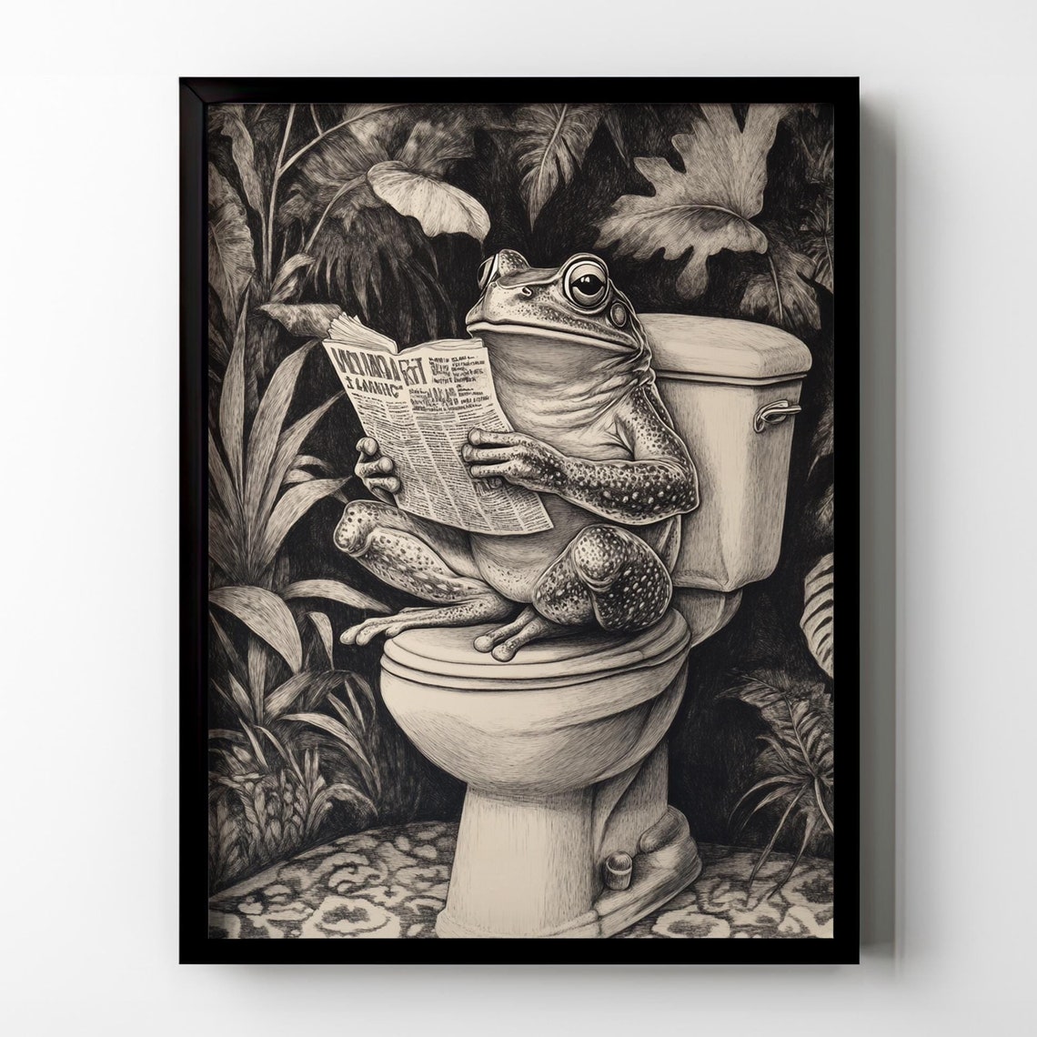 Old Engraving Toad on Toilet With Newspaper Monochrome Jungle Poster