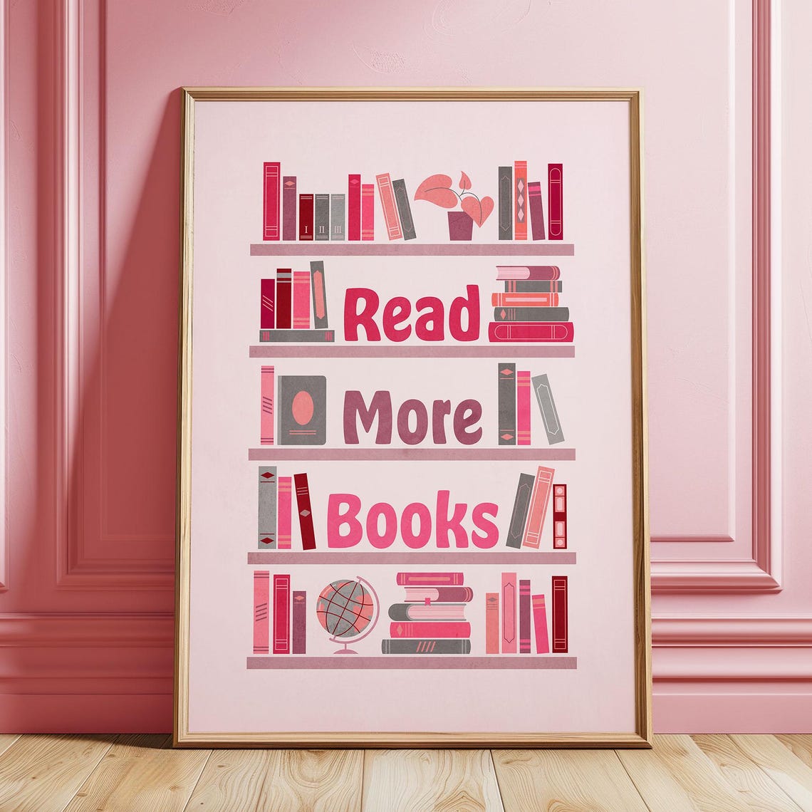 Read More Books Pink Bookcase Illustration Book Lover Wall Poster