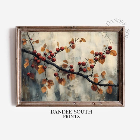 Rustic Fall Branch With Leaves Berries Wall Art Vintage Autumn Farmhouse Decor Thanksgiving Print 571