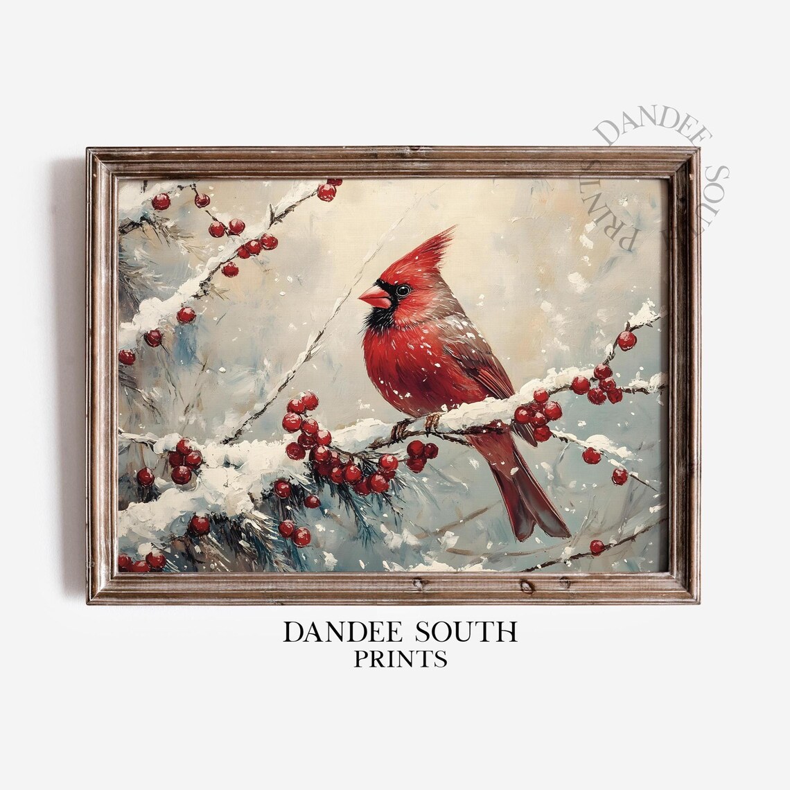 Red Cardinal Winter Bird Snowy Berries Vintage Christmas Nature Poster