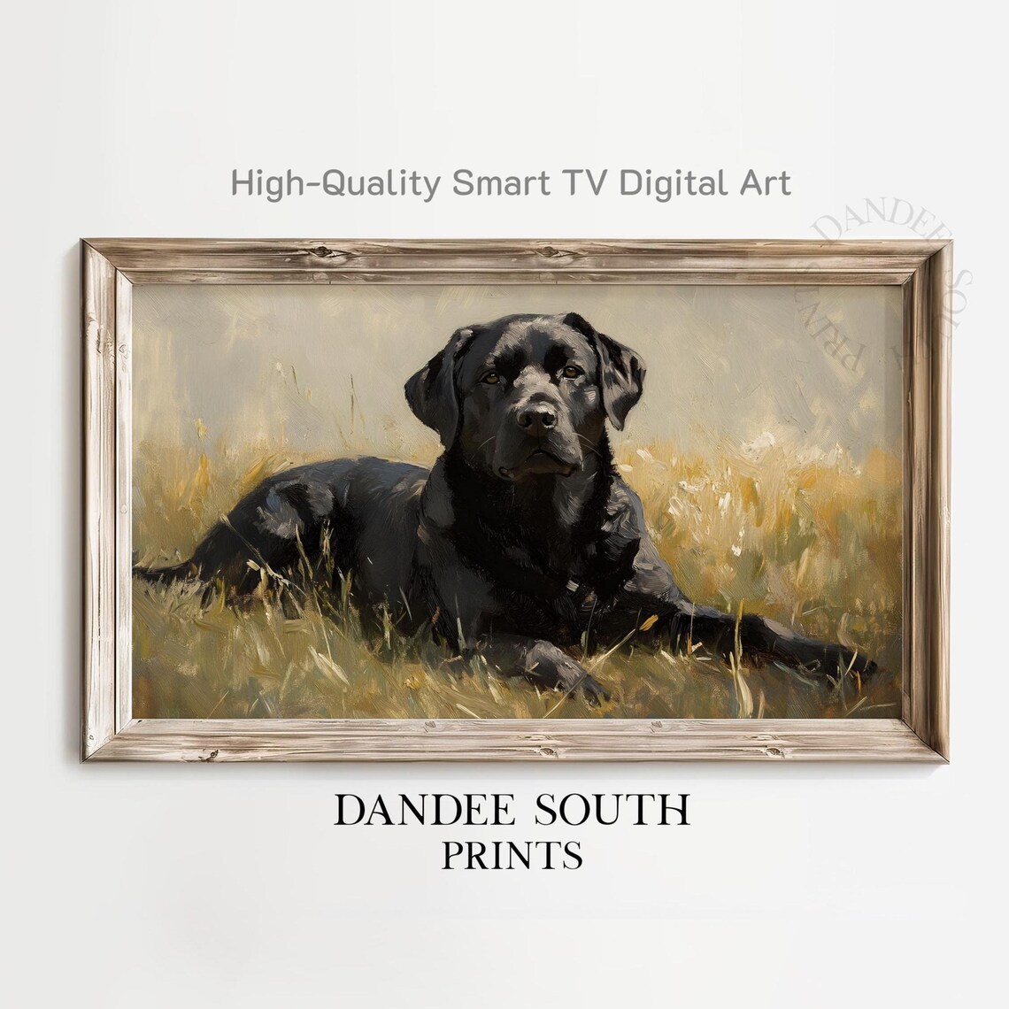 Black Labrador Retriever Lying in Grass Oil Painting Style Art Print