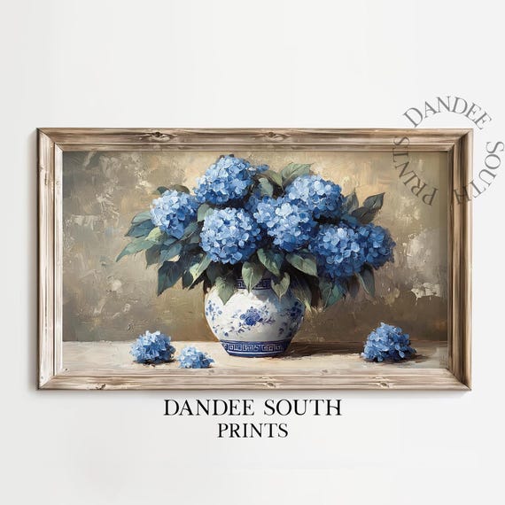 Blue Hydrangeas Tv Art For Frame Smart Spring Flowers Painting Chinoiserie Toile Floral Home Decor Tv029