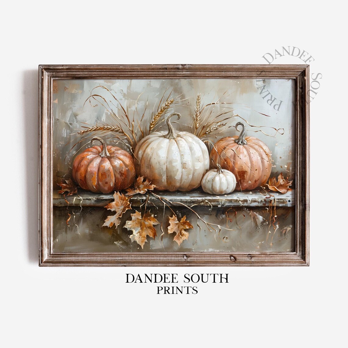 White and Orange Pumpkins with Wheat Stalks Autumn Still Life Poster