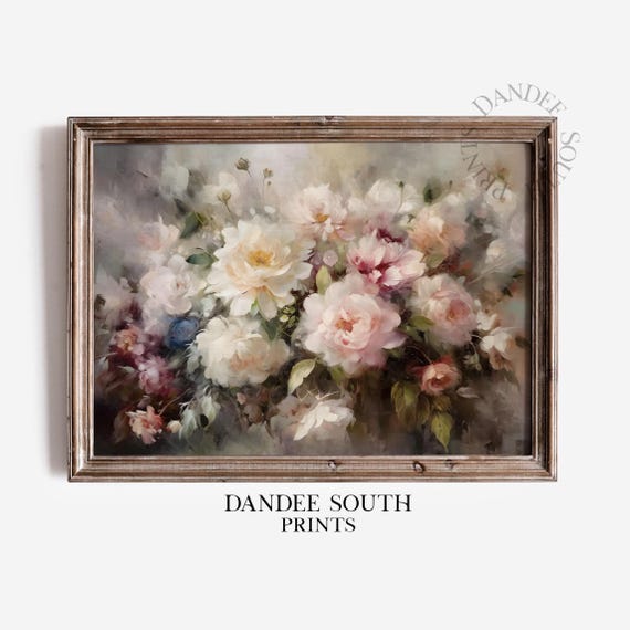 Antique Style Floral Art Print, Moody Farmhouse Flowers