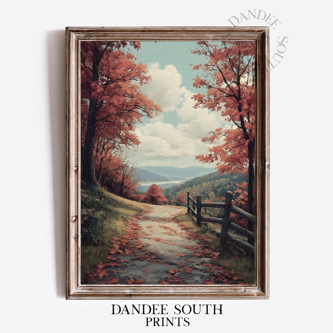 Autumn Country Road Red Trees Fence Vintage Fall Painting Poster