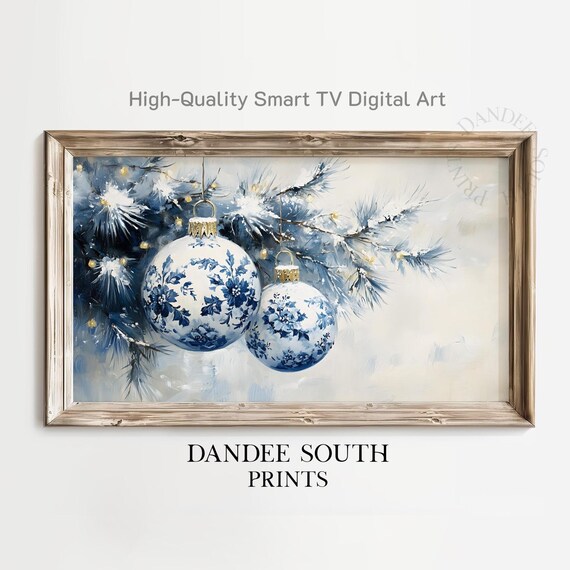 Blue and White Toile Christmas Ornaments Winter Branch Art Poster