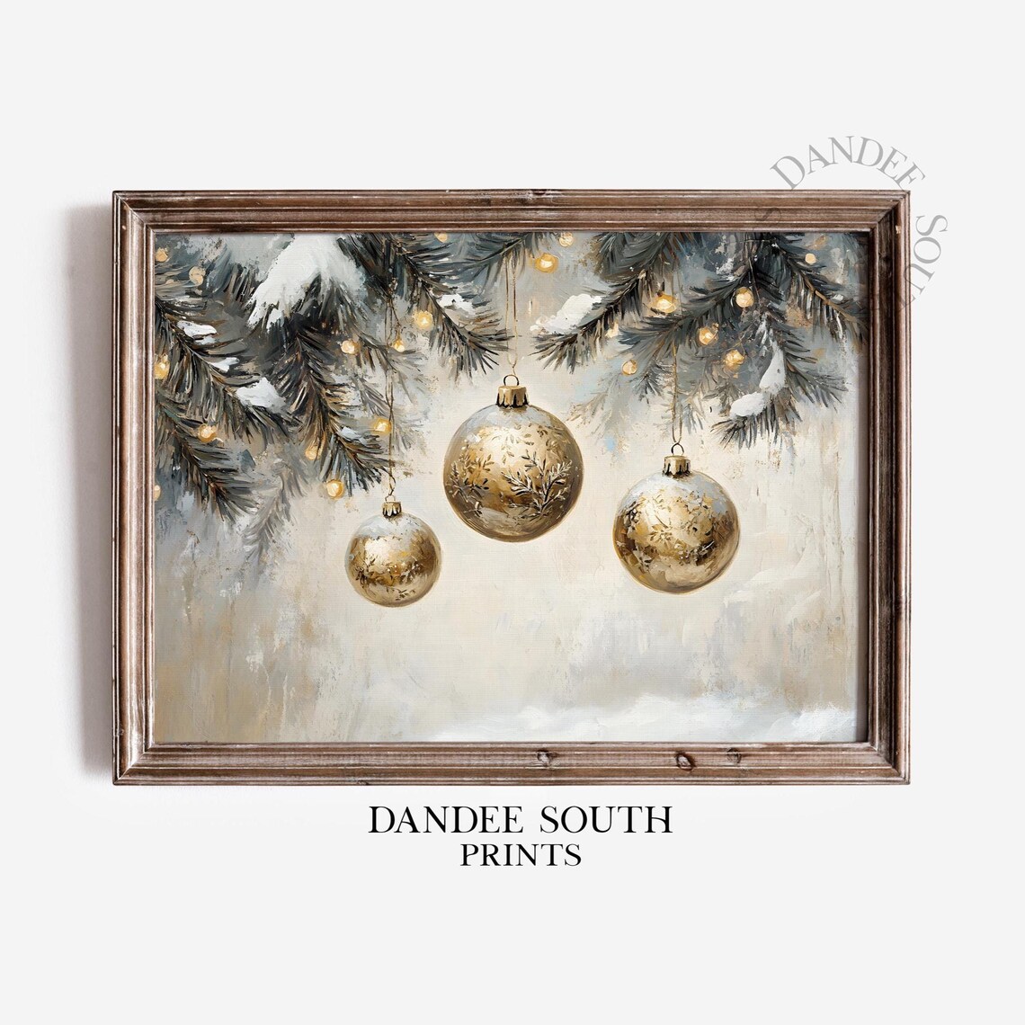 Gold Christmas Ornaments Hanging from Snowy Pine Boughs Painting Poster