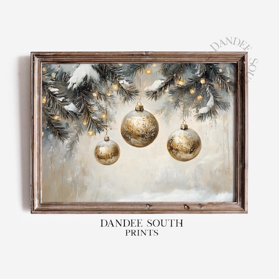 Gold Christmas Ornaments Hanging from Snowy Pine Boughs Painting Poster