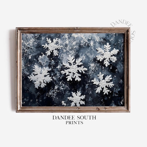 Scattered White Snowflakes Dark Navy Background Winter Painting Wall Art