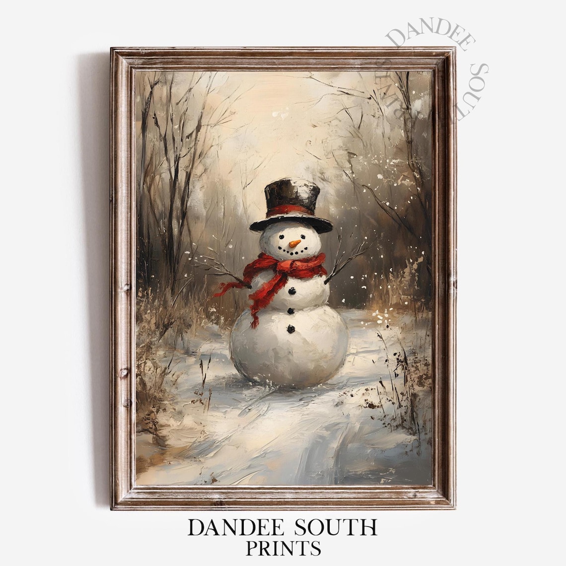 Snowman in Top Hat Red Scarf Snowy Woods Christmas Oil Painting Poster