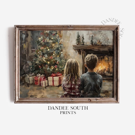 Two Children Christmas Tree Fireplace Cozy Holiday Night Art Poster