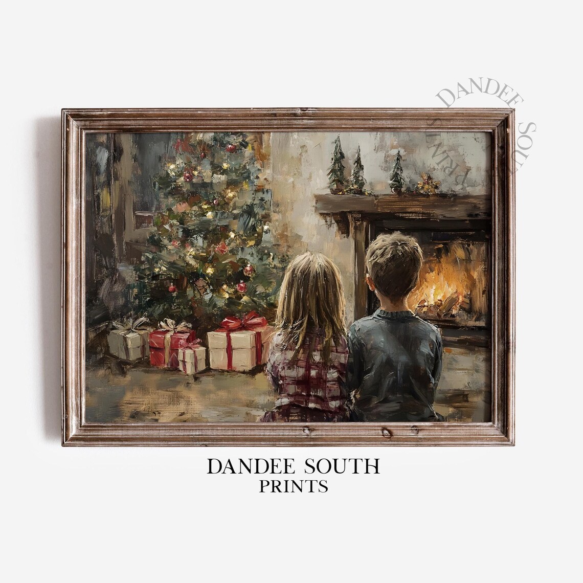 Two Children Christmas Tree Fireplace Cozy Holiday Night Art Poster