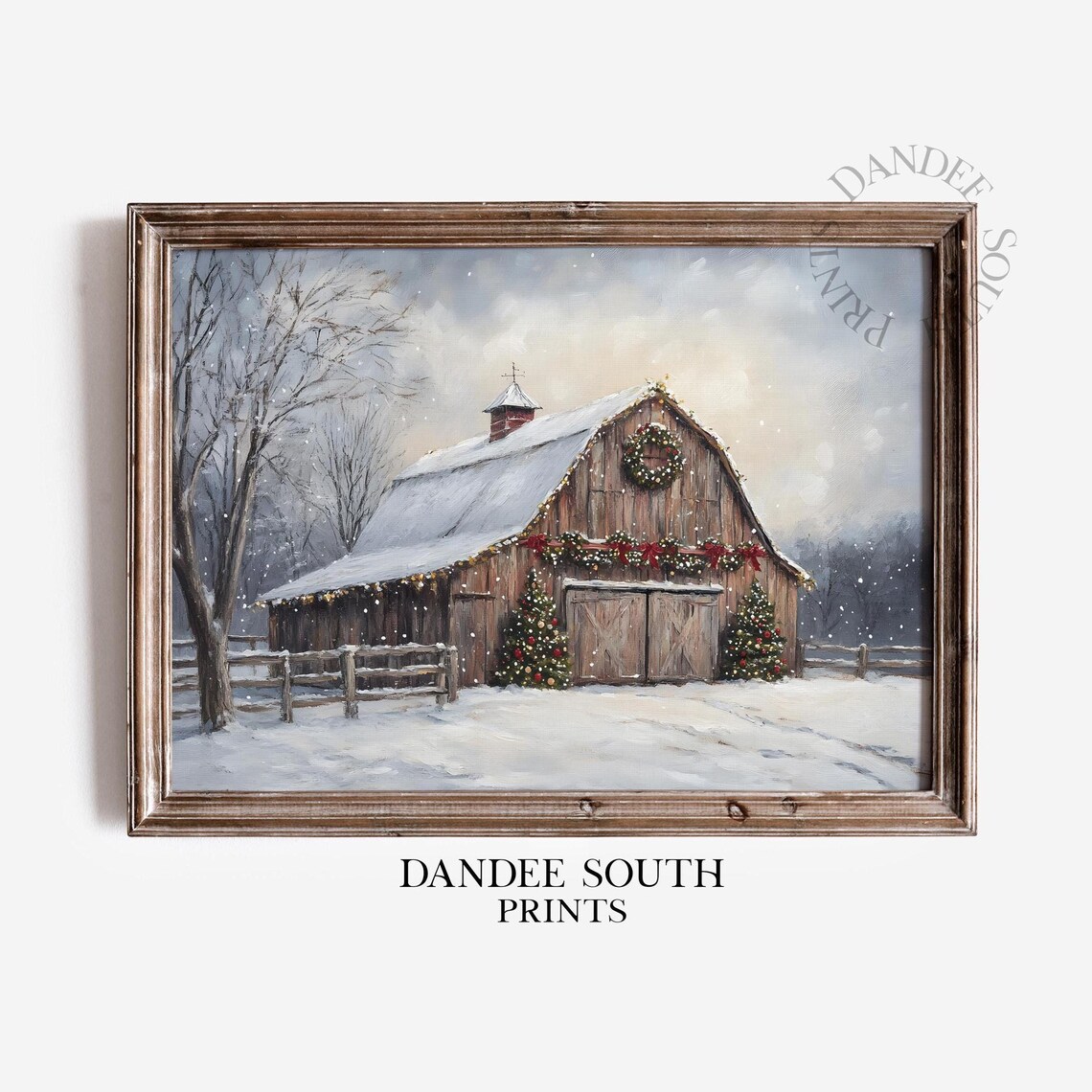Snowy Christmas Barn Wreath Farmhouse Winter Holiday Wall Art
