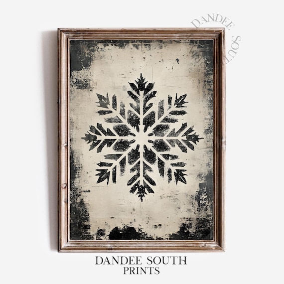 Black Snowflake Distressed Beige Rustic Winter Decor Art Poster
