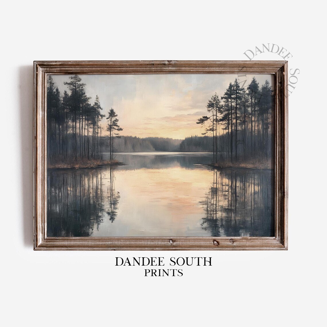 Moody Pine Lake at Dusk Reflection Oil Painting Dark Rustic Art Print