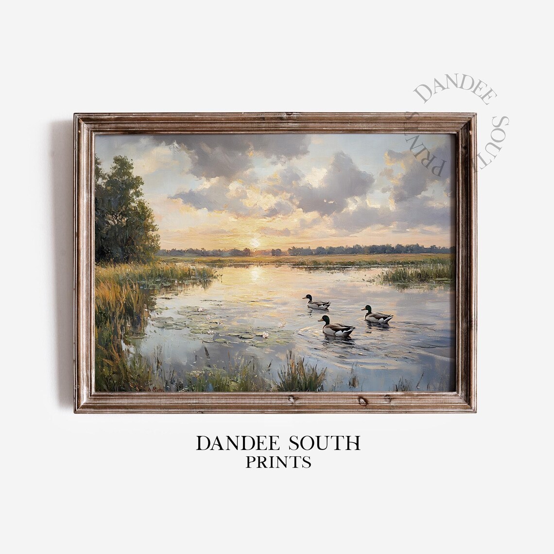 Mallard Ducks Lake Sunset Landscape Wildlife Painting Serene Poster