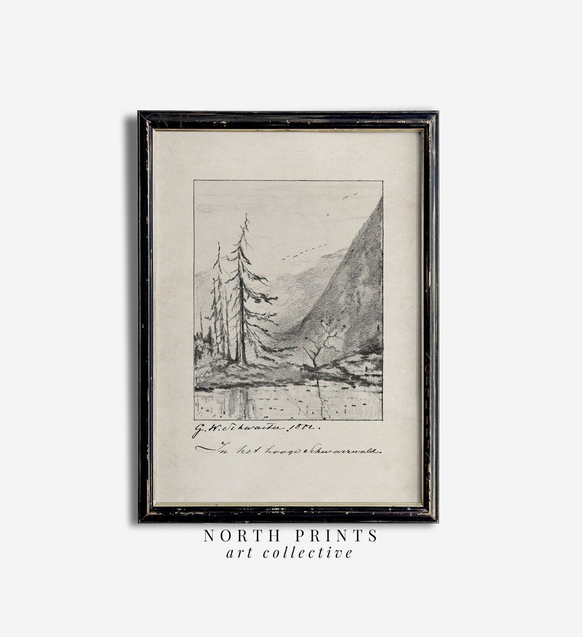 Antique 1872 Mountain Lake Tall Pine Trees Sketch Vintage Art Poster - Image 3