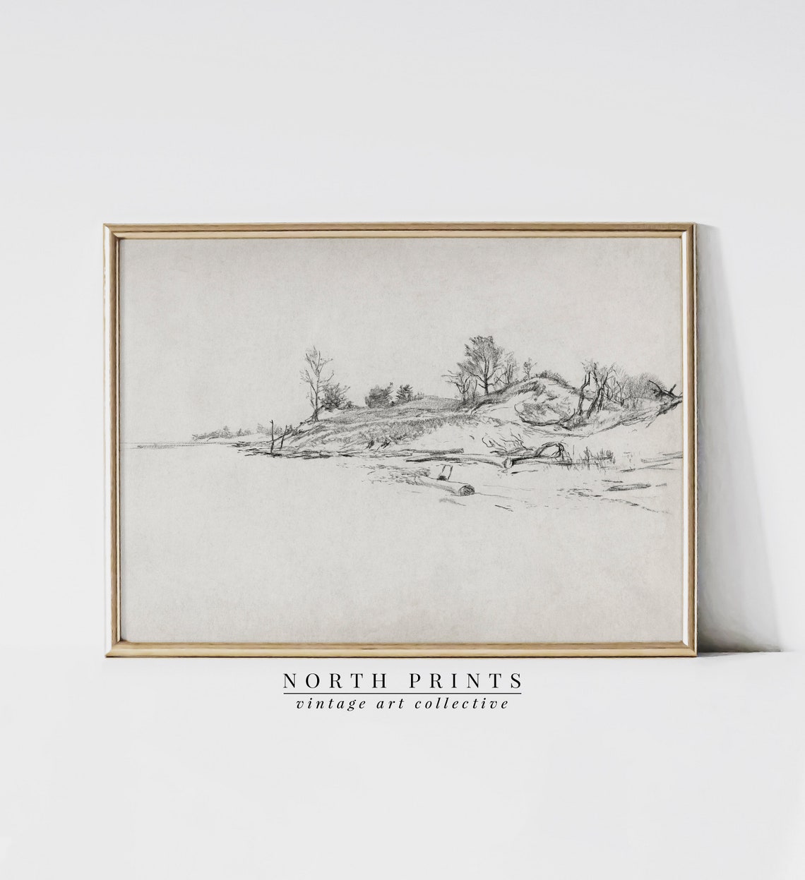 Minimalist Lake Shore Pencil Sketch Vintage Landscape Drawing Print
