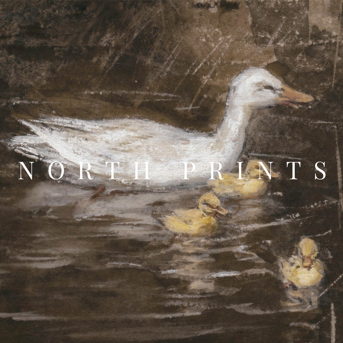 White Mother Duck Ducklings Pond Moody Vintage Wildlife Art Print - Image 3