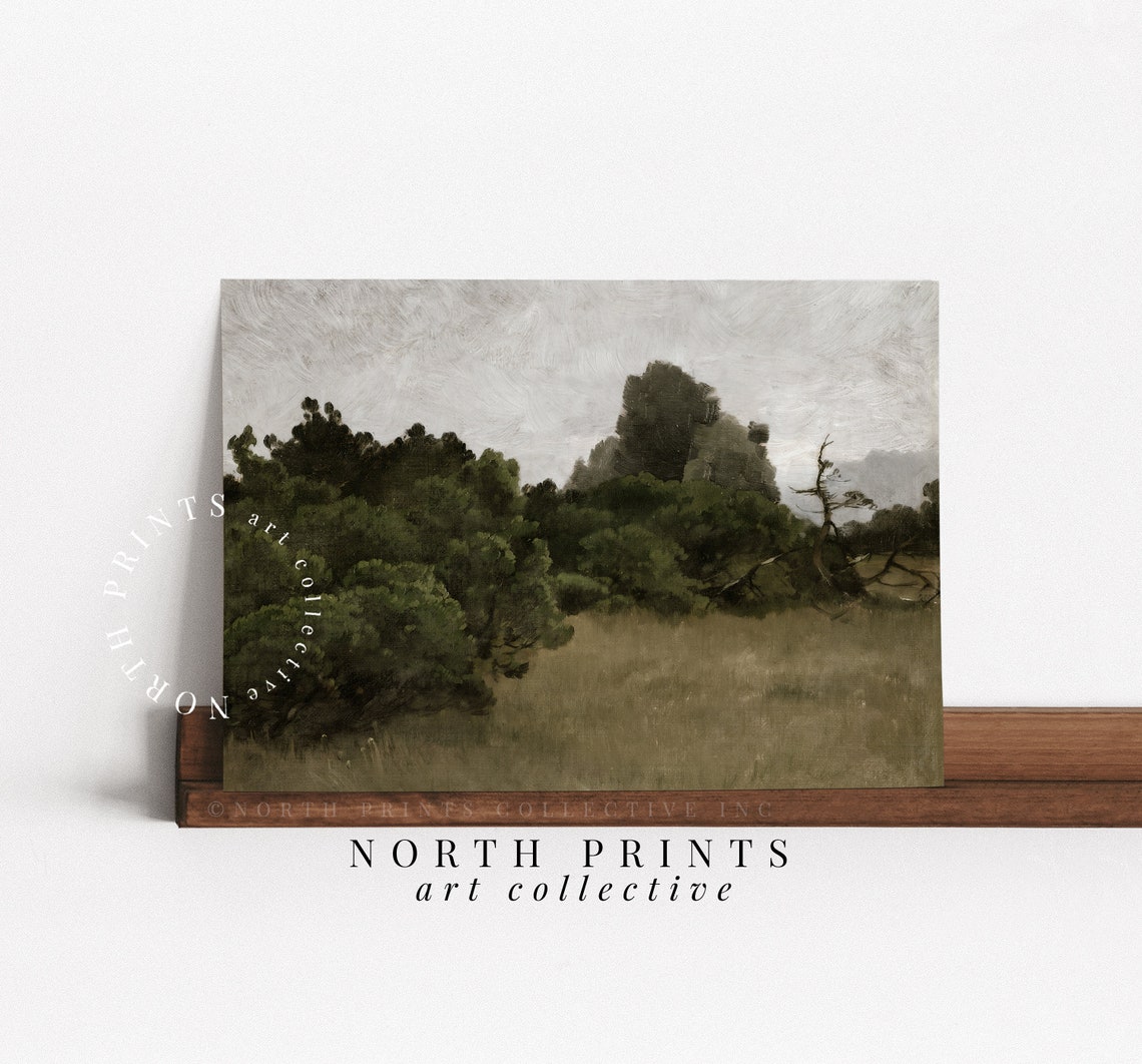 Moody Dark Green Forest Landscape Misty Sky Vintage Painting Poster - Image 4