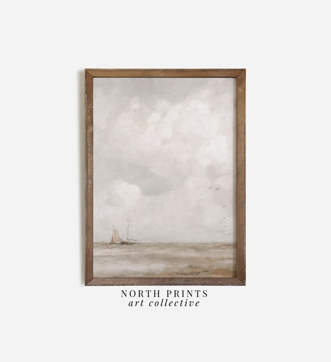 Minimalist Neutral Seascape Sailboat Gray Coastal Vintage Painting Poster - Image 3