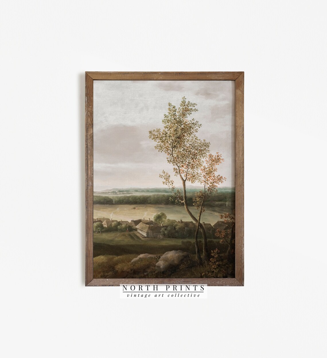 Antique Painting Vintage Print, Country Village Landscape - Image 3