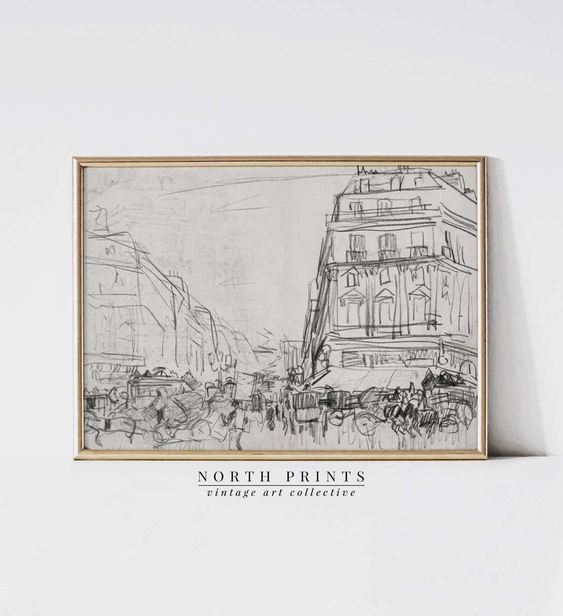 Vintage Old Town Street Sketch City Architecture Charcoal Print