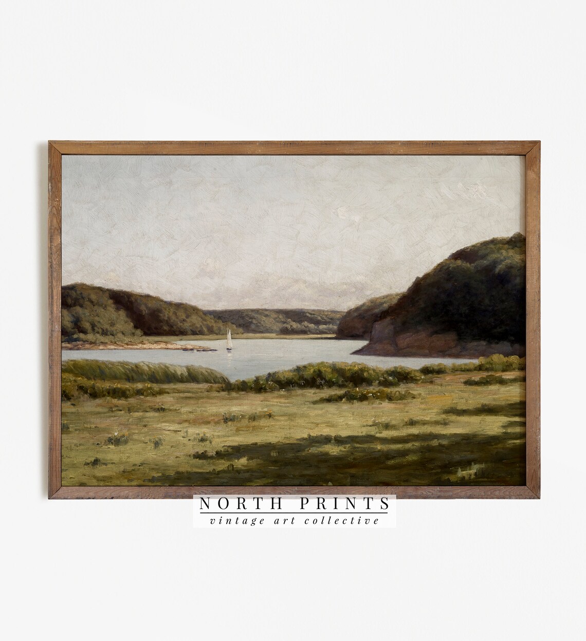 Lake Landscape Vintage Art Print, Sailboat Nautical