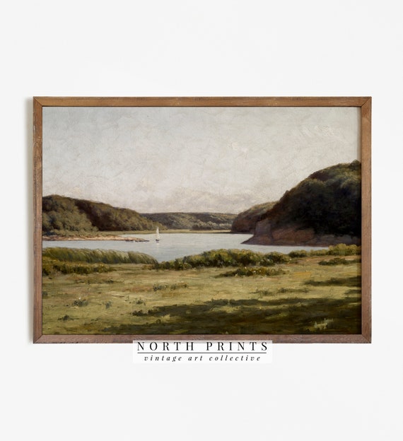 Lake Landscape Vintage Art Print, Sailboat Nautical