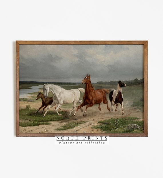 Vintage Western Oil Painting Wild Horses Art Print