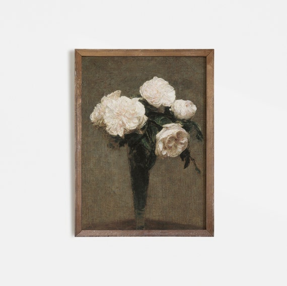 White Rose Painting, French Vintage Botanical Print