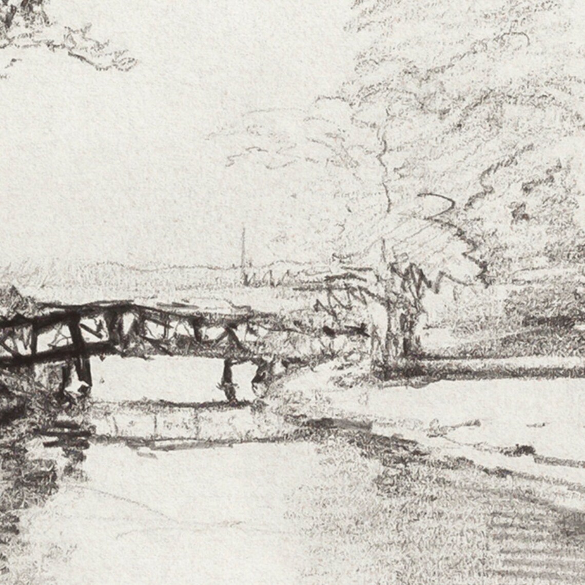 Landscape Sketch Vintage Etching, Bridge Trees Art Print - Image 3