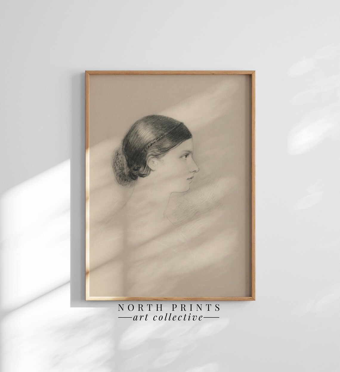 Antique Woman Profile Portrait Sketch Delicate Pencil Drawing Neutral Wall Print - Image 4