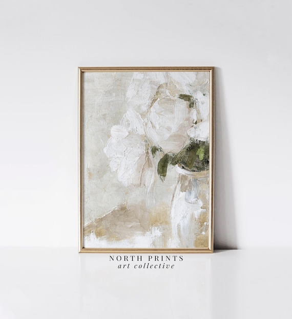 Abstract White Roses Botanical Art Print, Modern Farmhouse