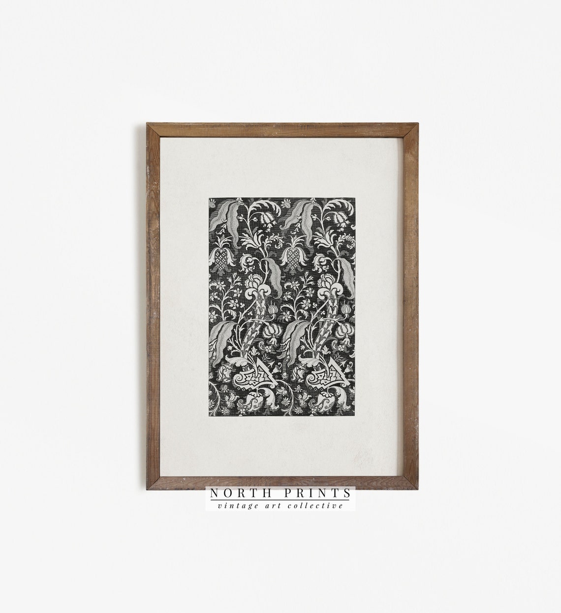 Black Floral Damask Pattern Antique Ornate Wallpaper Style Wall Art