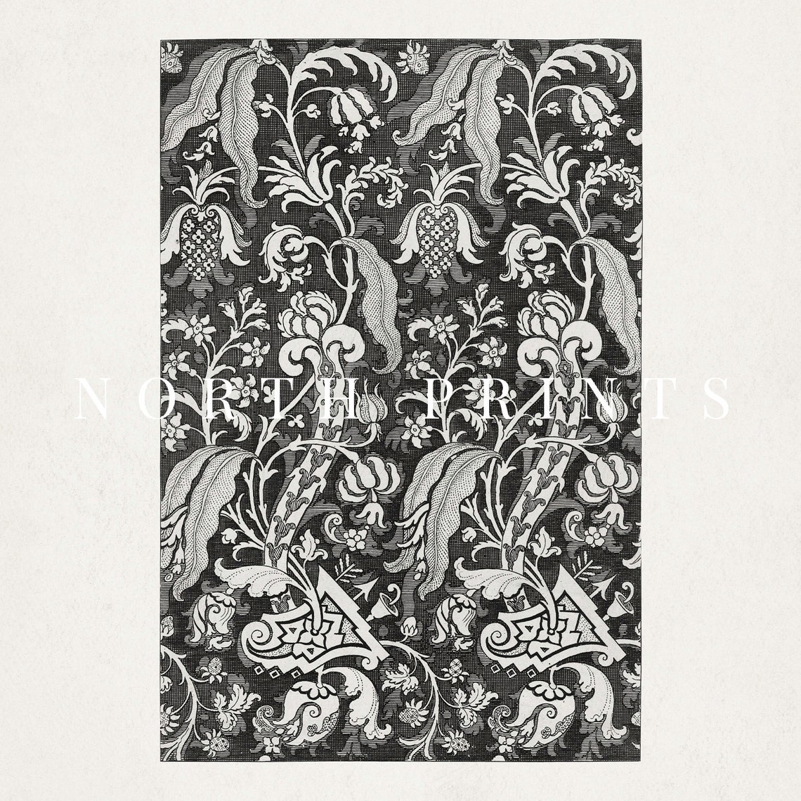 Black Floral Damask Pattern Antique Ornate Wallpaper Style Wall Art - Image 4