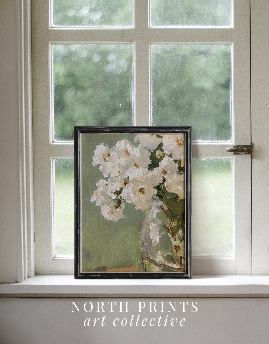 White Flower Still Life, Soft Green Wall Decor - Image 3