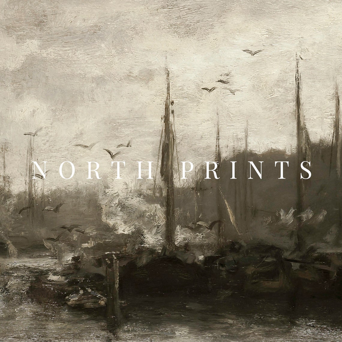 Moody Harbor Tall Sailing Ships Seagulls Dark Nautical Painting Poster - Image 3