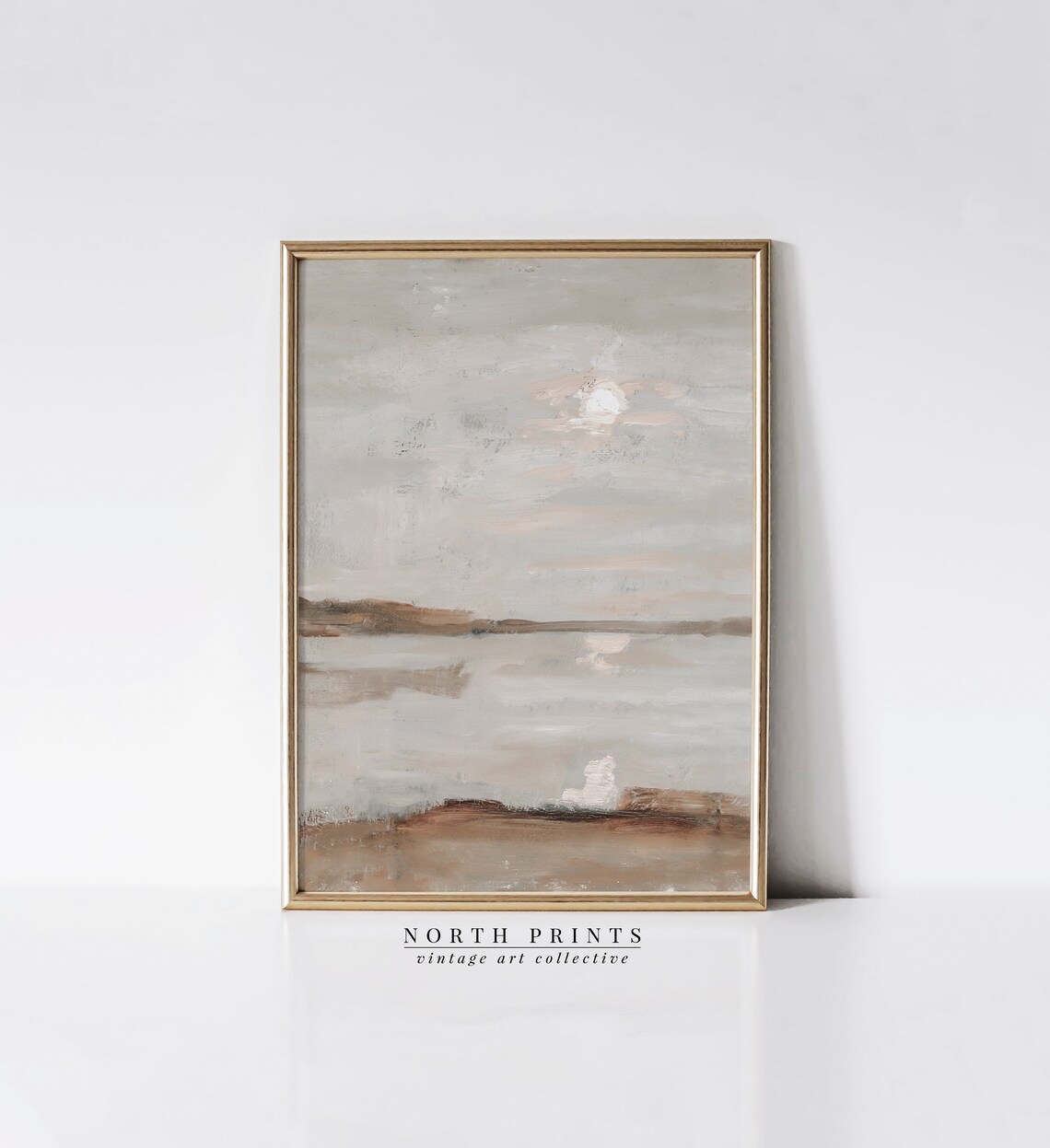 Muted Beach Scene Oil Painting, Warm Tone Art Print