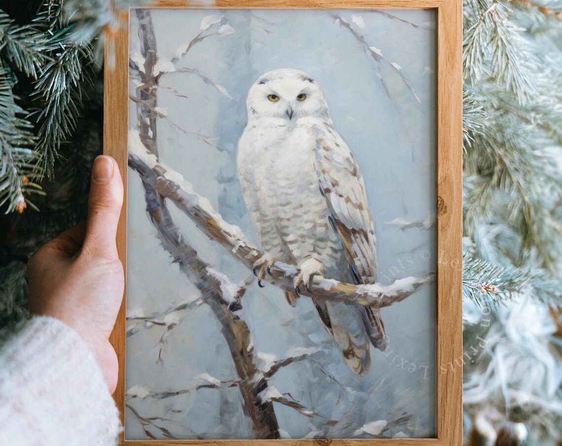 Snowy White Owl Perched on Branch Winter Wildlife Painting Poster